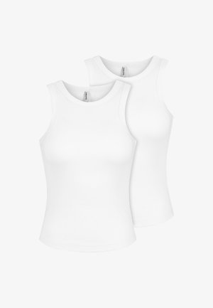 Zwei schlichte weiße ärmellose, gerippte Tanktops liegen flach, eines leicht hinter dem anderen, mit Rundhalsausschnitten und figurbetonter Form.