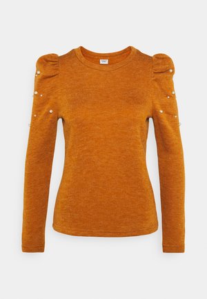 Pull orange brûlé à manches longues avec épaules bouffantes et petites perles blanches dispersées sur le haut des manches.