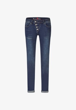 Jeans slim bleu foncé avec ourlets retroussés, fermeture à quatre boutons, poches avant et arrière, et détails légèrement délavés.