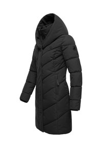 Juoda paminkštinta striukė su aukštu apykakliu, įstrižu siuvinėtu raštu, ilgomis rankovėmis ir šoninėmis kišenėmis su užtrauktuku. Sukurta šilumai ir apsaugai.