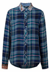 Camicia a quadri blu e verde con colletto ricamato a fiori e polsini a fantasia, maniche lunghe e vestibilità comoda.