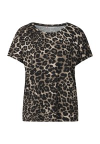 Top a maniche corte con stampa leopardata in tonalità terre, caratterizzato da una vestibilità comoda, scollatura rotonda e una texture morbida. Distinte macchie nere su sfondo beige.
