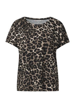 Short-sleeve leopard print top in earthy tones, featuring a relaxed fit, round neckline, and soft texture. Distinct black spots on a beige background.