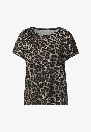 Halenka s krátkým rukávem v leopardím vzoru v přírodních tónech, s uvolněným střihem, kulatým výstřihem a měkkou texturou. Výrazné černé skvrny na béžovém pozadí.