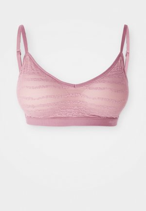 Helle rosa Bralette mit Spitzenüberzug, verstellbaren Trägern und einem breiten elastischen Bund. Strukturdesign mit Streifen und glatter Oberfläche.