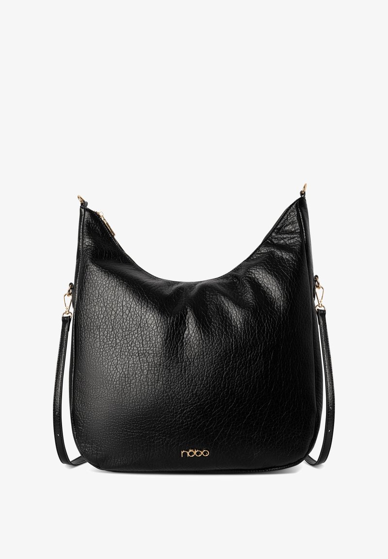 Zwarte leren schoudertas met een gestructureerde afwerking, gebogen vorm, gouden hardware accenten en een korte verstelbare schouderriem.