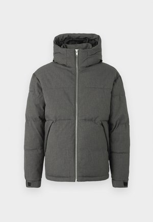 Gray padded jacket with a high collar, front zipper, and elastic cuffs. Features a smooth texture and compact design.