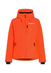 Heldere oranje waterdichte jas met capuchon, twee voorzakken met rits en zwarte accenten op de mouwen en zoom. Voorzien van het O'NEILL-logo op de borst.