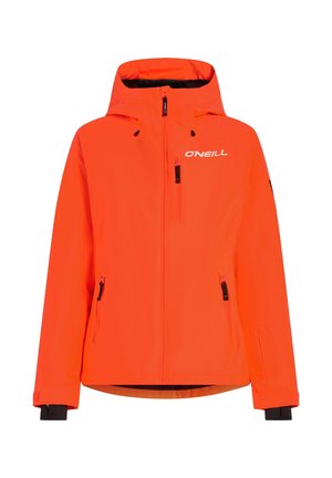 Lys orange vandtæt jakke med hætte, to lynlåsforlommer og sorte detaljer ved manchetter og kant. Har O'NEILL-logo på brystet.