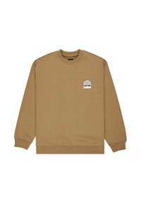 Sweatshirt en coton marron avec manches longues, poignets et ourlet côtelés, doté d'un petit badge graphique sur la poitrine gauche. Design classique à col ras du cou.