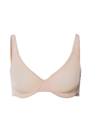 Beige ondergoed bh met gladde stof, verstelbare bandjes en minimalistisch ontwerp. Beschikt over naadloze cups en een zachte, flexibele textuur.