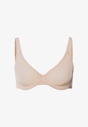 Beige bh med bøjle, glat stof, justerbare stropper og minimalistisk design. Har sømløse kopper og blød, fleksibel tekstur.