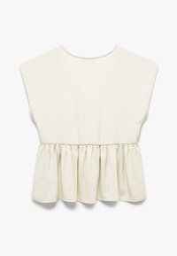 Top peplum in cotone crema con maniche corte, caratterizzato da una girovita arricciato per modellare e un collo arrotondato. Tessuto morbido, design minimalista.