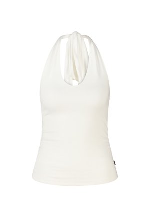 Witte mouwloze haltertop met een geplooide halslijn en een aansluitende taille.