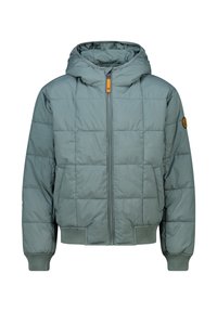 Lichtgroene donzen jas met capuchon, voorzien van een ritssluiting aan de voorkant, vierkante doorgestikte patronen, elastische manchetten en een oranje accent bij de rits.