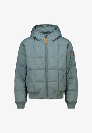 Hellgrüne Steppjacke mit Kapuze, vorne mit Reißverschluss, quadratischer Steppung, elastischen Bündchen und einem orangefarbenen Akzent nahe dem Reißverschluss.