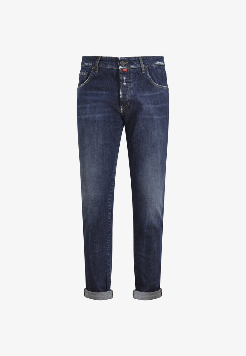Mørkeblå denimjeans med straight-leg design, opbukket kant og klassisk fem-lommer stil. Har lukning med knapper og diskret falming.