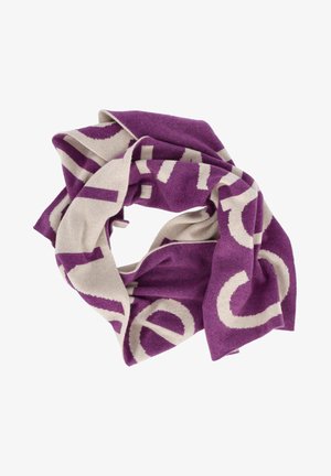 Sciarpa viola e beige realizzata in tessuto morbido, con grandi motivi testuali a contrasto. Intrecciata per la visualizzazione, mettendo in evidenza la trama e il design a caduta.