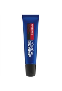 Tube bleu de crème contour des yeux L'Oréal Men Expert Power Age, avec un capuchon noir et des textes blancs détaillant le nom du produit et sa description en plusieurs langues.