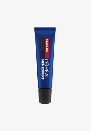 Tube bleu de crème contour des yeux L'Oréal Men Expert Power Age, avec un capuchon noir et des textes blancs détaillant le nom du produit et sa description en plusieurs langues.