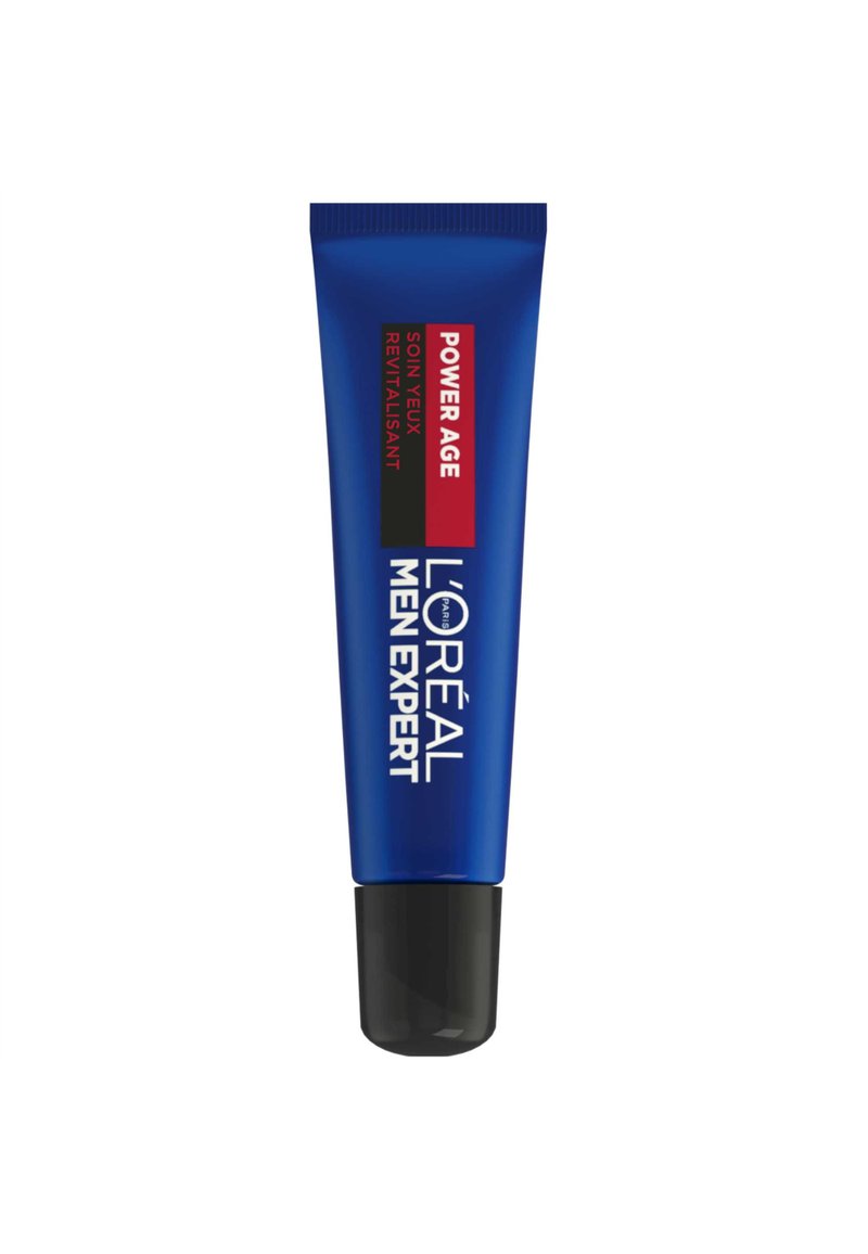Tube bleu de crème contour des yeux L'Oréal Men Expert Power Age, avec un capuchon noir et des textes blancs détaillant le nom du produit et sa description en plusieurs langues.