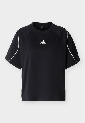 Black short-sleeve athletic T-shirt with white piping on sleeves and a small white Adidas logo centered on the chest.