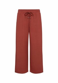 Brown, wide-leg pants made from a soft fabric with an elastic waistband and drawstring. Features side pockets and a smooth texture.