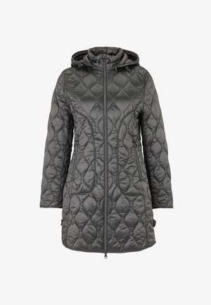 Gevoerde donkergrijze buitenjas met een capuchon, volledige ritssluiting, zijzakken en een gladde textuur met een golvend patroon.