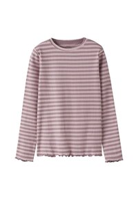 Langärmliges Oberteil in Mauve mit helllila und weißen Streifen, Rundhalsausschnitt und gewelltem Saum. Hergestellt aus einem strukturierten Stoff.