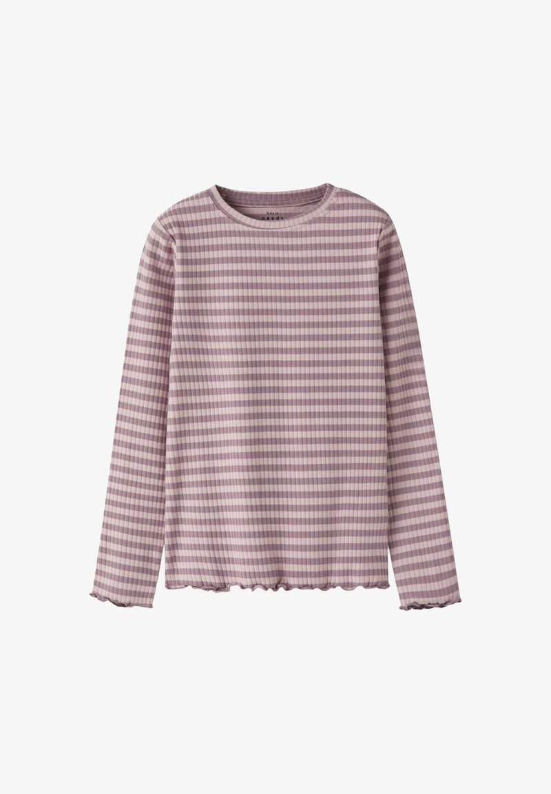 Pitkähihainen paita mauvevärissä, jossa on vaaleanvioletteja ja valkoisia raitoja. Paidassa on pyöreä kaula-aukko ja aallotettu helma. Se on valmistettu teksturoidusta kankaasta.