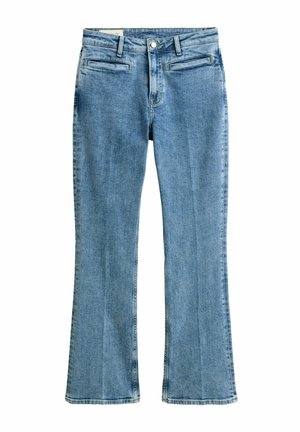 Blaue Jeans aus Denim mit geradem Schnitt, zwei vorderen Leistentaschen, Gürtelschlaufen und einem Knopfverschluss an der Taille.