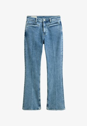 Blauwe denim jeans met een rechte pasvorm, twee voorste paspelzakken, riemlussen en een knoopsluiting in de taille.