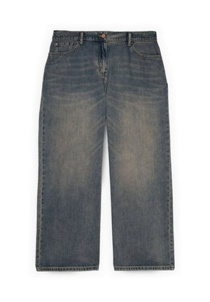 Džíny s širokými nohavicemi, vybledlé modré denimové, s předním zapínáním na knoflík a zip, poutky na pásek a pěti kapsami.
