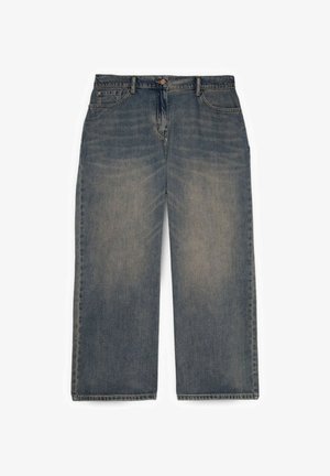 Džíny s širokými nohavicemi, vybledlé modré denimové, s předním zapínáním na knoflík a zip, poutky na pásek a pěti kapsami.