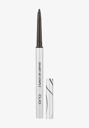 Crayon à sourcils rétractable brun foncé avec corps argenté marqué "Sharp So Simple Clio" et capuchon argenté assorti avec des lignes noires.