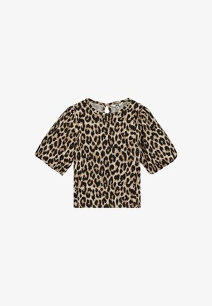 Blusa a maniche corte con stampa leopardata in beige e nero. Scollo rotondo con chiusura a bottone sul retro. Tessuto morbido e strutturato.