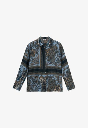 Camicia blu a fantasia con maniche lunghe, colletto, bottoni davanti e design paisley in marrone scuro e dettagli dorati.