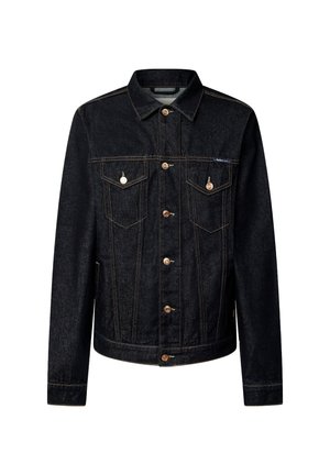 Donker denim jack met een kraag, sluiting met knopen aan de voorkant, twee borstzakken en hardware in kopertoon. Glad textuur met oranje stiksels.