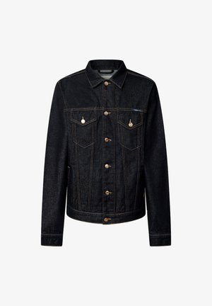 Veste en denim foncé avec col, fermeture à boutons à l'avant, deux poches poitrine et quincaillerie en ton cuivre. Texture lisse avec des accents de couture orange.