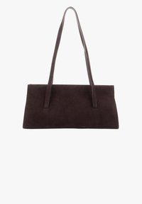 Ciemnobrązowa torba tote z zamszu, z długimi płaskimi uchwytami i wyraźnym prostokątnym kształtem. Gładka faktura, minimalistyczny design, brak widocznych akcentów.