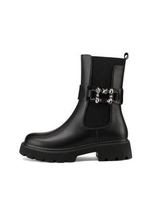 Stivaletti neri realizzati in pelle liscia con un pannello laterale elasticizzato testurizzato, caratterizzati da una fascia decorativa con accenti metallici.