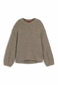 Beige gebreide trui met een ronde halslijn, verlaagde schouders en lange, iets pofmouwtjes. Ribbelboord aan de onderkant en manchet.