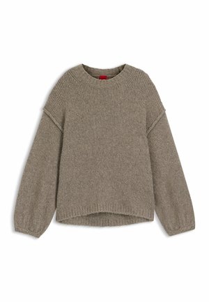 Beige gebreide trui met een ronde halslijn, verlaagde schouders en lange, iets pofmouwtjes. Ribbelboord aan de onderkant en manchet.