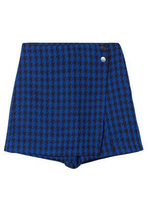 Pantalones cortos de patrón de cuadro de houndstooth en azul y negro, con diseño envolvente, que presentan dos botones en la cintura y un acabado de textura suave.