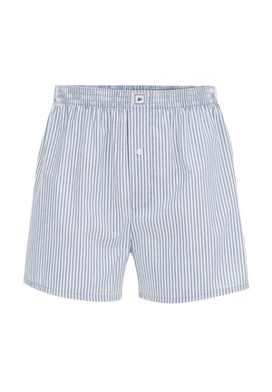 Boxer a righe in blu chiaro e bianco, realizzati in cotone. Presentano un cinturino elastico, un bottone frontale e una tasca singola.