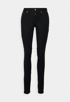 Skinny black jeans made of denim, featuring a zip fly, metal button closure, and five-pocket design with silver-tone hardware accents.