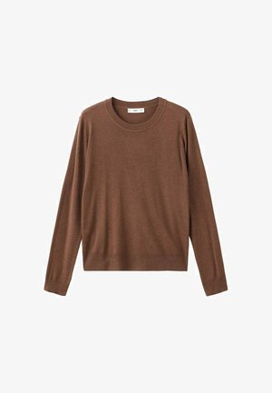 Brązowy sweter z dzianiny, z długimi rękawami, okrągłym dekoltem, miękką fakturą, prążkowanymi ściągaczami i dołem. Prosty design bez wzorów i ozdób.