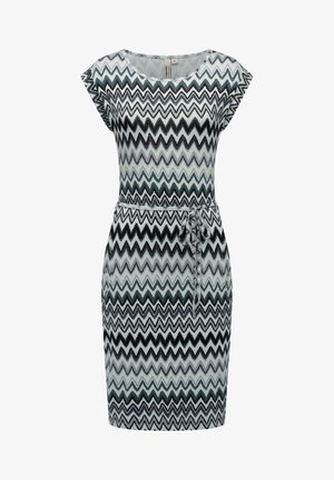 Kortärmad klänning med ett zigzagmönster i nyanser av svart, grått och turkos. Den har en midja med dragsko och knytning. Designad med en figursydd silhuett.