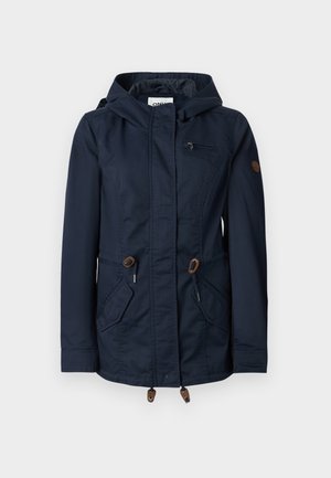 Μπλε σκούρο ναυτικό μπουφάν με κουκούλα, εμπρόσθιο φερμουάρ, ρυθμιζόμενα κορδόνια στη μέση και στο κάτω μέρος, τσέπη στο στήθος με φερμουάρ και πλαϊνές τσέπες με καπάκι.