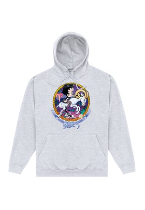 Szara bluza z kapturem z kolorową grafiką przedstawiającą postać na jednorożcu, z akcentami w kolorach fioletowym, różowym i pomarańczowym. Zawiera kieszeń z przodu.